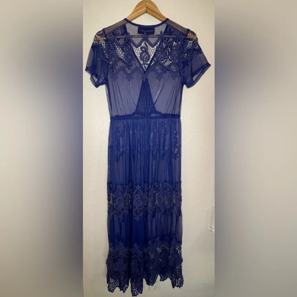 Colleen Lopez Blue Mesh and Lace scalloped Maxi Dress Women’s Size Medium - Picture 2 of 5